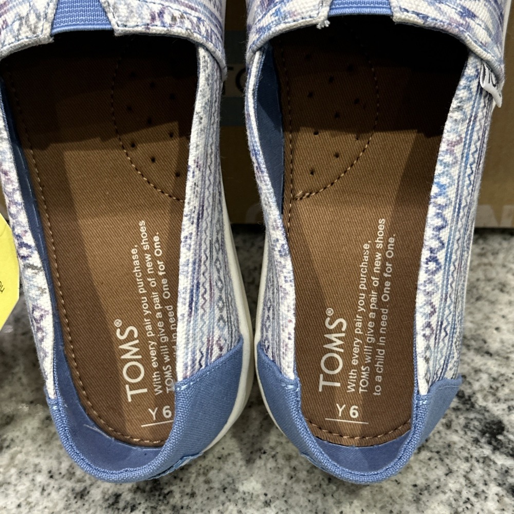 Toms Multi Aqua Ethnic Tribal Blue Lined Shoes Youth‎ 6 Women's 8 Slip On New - Picture 7 of 7
